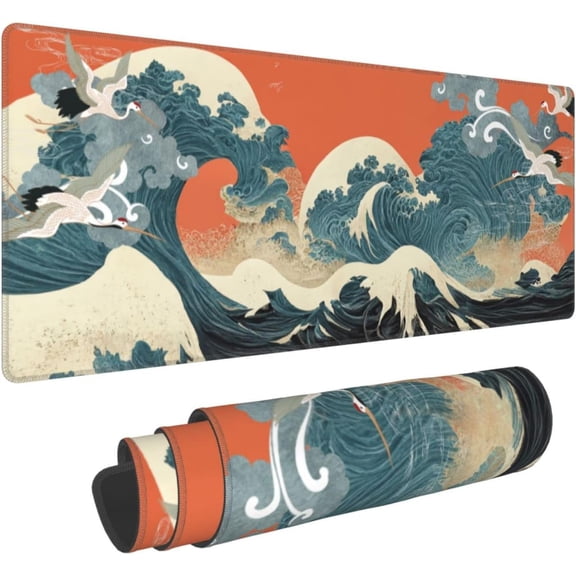Japanese Waves and Cranes Extended Professional Gaming Mouse Pad 31.5x11.8inch, Non-Slip Computer Mouse Pad Waterproof Keyboard Pad Desk Mat