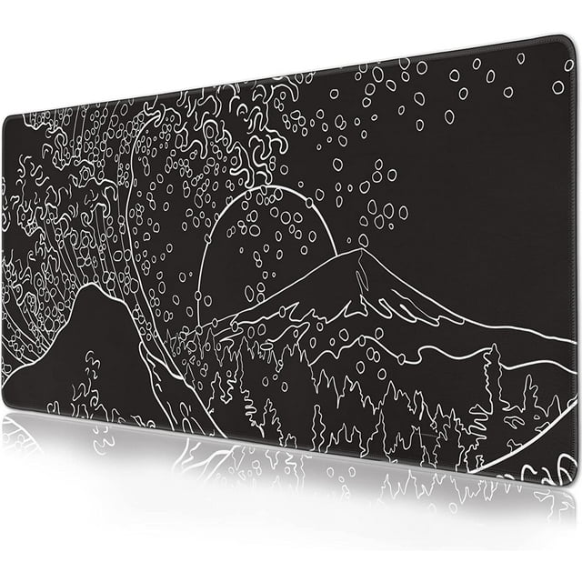 Japanese Waves sea Mouse Pad Black and White Extended Gaming Mouse Pad 31.5x11.8 in Large Non-Slip Rubber Base Desk Protector with Stitched Edges Full Desk Mousepad XL