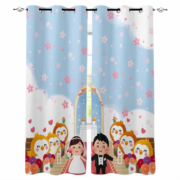 Japanese Wedding Blackout Curtains for Bedroom, Cute Owls Cherry Blossoms Blue Thermal Insulated Kitchen Drapes with Grommets, Light Blocking Window Treatment, 2 Panels 27.5" x 39"