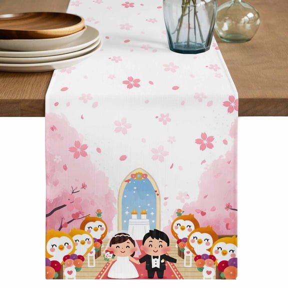 Japanese Wedding Cotton Linen Table Runner for Dining Kitchen, Cute Owls Pink Cherry Blossoms Wedding Outdoor Party Tablerunners Decoration, Dresser Scarf Coffee Tablecloth Runners 13x60 Inches
