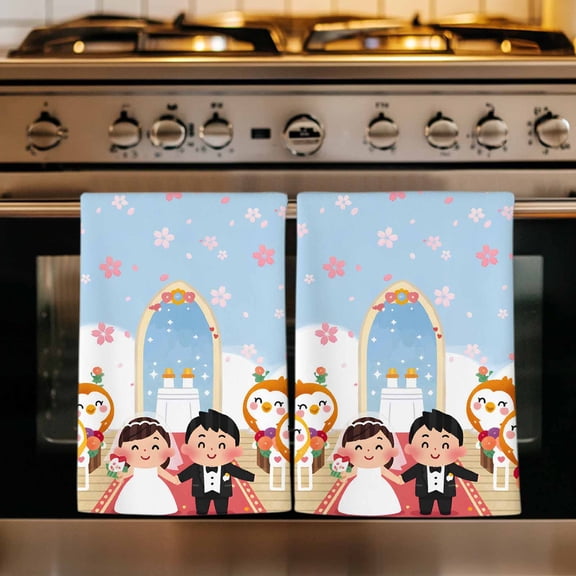 Japanese Wedding Kitchen Towels Set of 1, Cute Owls Cherry Blossoms Blue Absorbent Dish Towels for Kitchen, Microfiber Hand Towel, Quick Drying Tea Towel for Cleaning Decorative Dishcloths