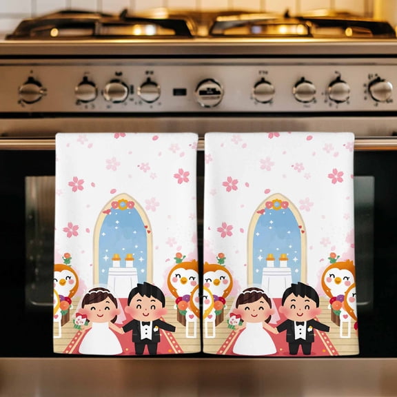 Japanese Wedding Kitchen Towels Set of 1, Cute Owls Pink Cherry Blossoms Absorbent Dish Towels for Kitchen, Microfiber Hand Towel, Quick Drying Tea Towel for Cleaning Decorative Dishcloths