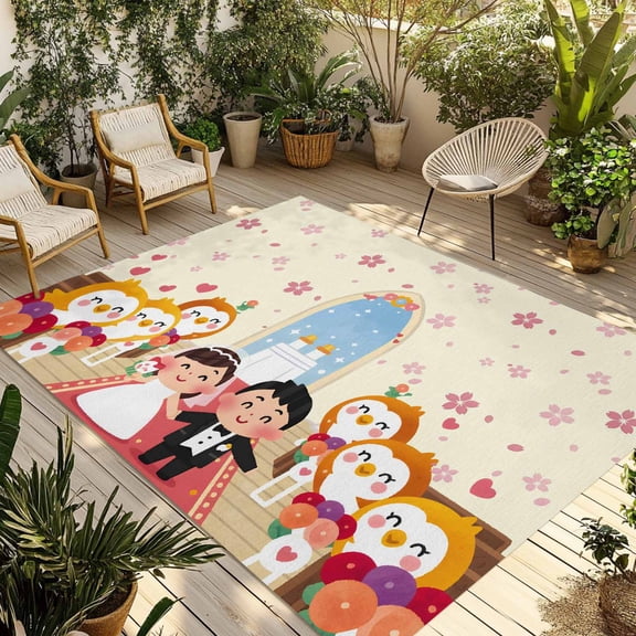 Japanese Wedding Outdoor Rug 5x7 Ft - Reversible Patio Rug Outdoor Camping Rugs, Cute Owls Cherry Blossoms Beige Washable Indoor Outdoor Area Rugs, Non-Slip Outdoor Carpet Runner for Deck/Porch