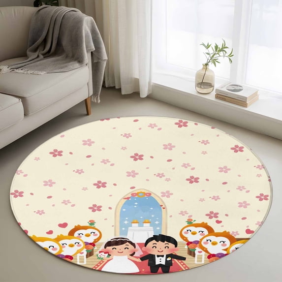 Japanese Wedding Round Area Rug 3.3Ft Washable Circle Rugs for Dining Room Table, Cute Owls Cherry Blossoms Beige Non-Slip Carpet Floor Mats Indoor Outdoor Carpet Runner Aesthetic Home Decor