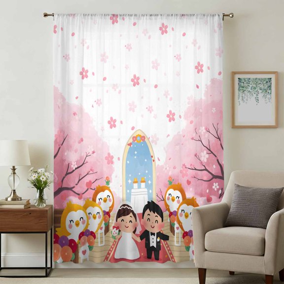 Japanese Wedding Sheer Curtains 54 Inches Long, Cute Owls Pink Cherry Blossoms Light Filering Curtains, Breathable Simi Curtain Privacy Drapes for Kitchen Bathroom Lightweight Small Window Treatment