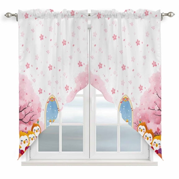 Japanese Wedding Swag Valances for Windows, Kitchen Curtains 36 Inch Length 2 Panels Set, Cute Owls Pink Cherry Blossoms Short Curtains for Small Windows Rod Pocket Cafe Curtains Drapes 28"x36"