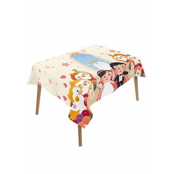 Japanese Wedding Table Cloth, Waterproof Tablecloth for Rectangle Tables, Cute Owls Cherry Blossoms Beige Reusable Washable Fabric Table Cover for Restaurant Kitchen Dining Tables 52"x70"