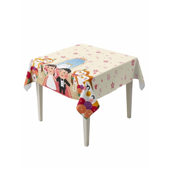Japanese Wedding Table Cloth, Waterproof Tablecloth for Square Tables, Cute Owls Cherry Blossoms Beige Reusable Washable Fabric Table Cover for Restaurant Kitchen Dining Tables 54"x54"