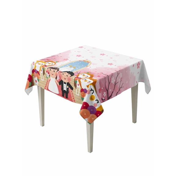 Japanese Wedding Table Cloth, Waterproof Tablecloth for Square Tables, Cute Owls Pink Cherry Blossoms Reusable Washable Fabric Table Cover for Restaurant Kitchen Dining Tables 54"x54"