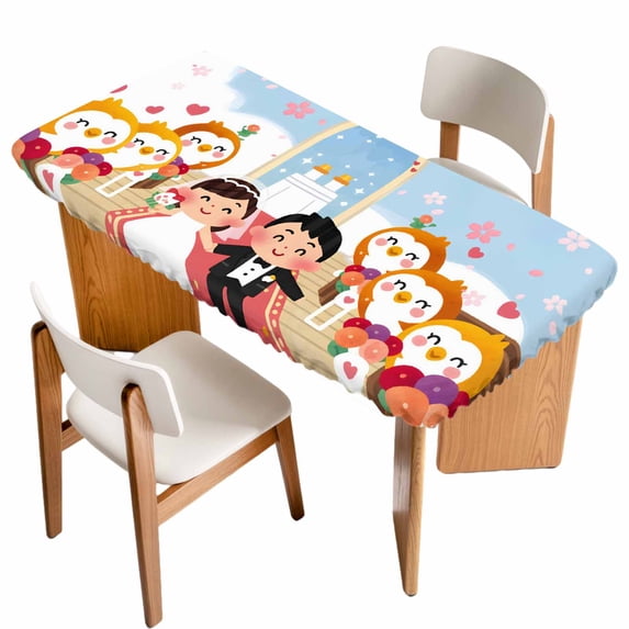 Japanese Wedding Table Cloths for 3 Foot Rectangle Tables, Cute Owls Cherry Blossoms Blue Patio Waterproof Elastic Fitted Tablecloths, Washable Rectangular Table Cover for Camping
