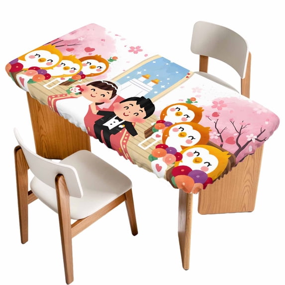 Japanese Wedding Table Cloths for 4 Foot Rectangle Tables, Cute Owls Pink Cherry Blossoms Patio Waterproof Elastic Fitted Tablecloths, Washable Rectangular Table Cover for Camping