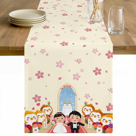 Japanese Wedding Table Runner - 48 Inch Long Cute Owls Cherry Blossoms Beige Cotton and Linen Blended Dress Scarves Farmhouse Table Runner for Kitchen Dining, Coffee Table, 13" x 48"