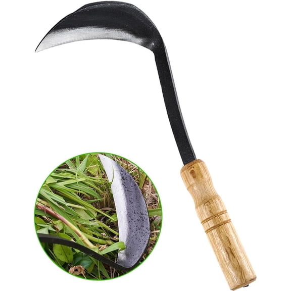 Japanese Weeding Sickle Hoe, 11" Gardening Hand Weeder Nejiri Kama Blade Tool Digging Cutting Weed Remover, High-Carbon Steel One-Piece Molding with Wood Handle, Very Sharp Edge Quick Work