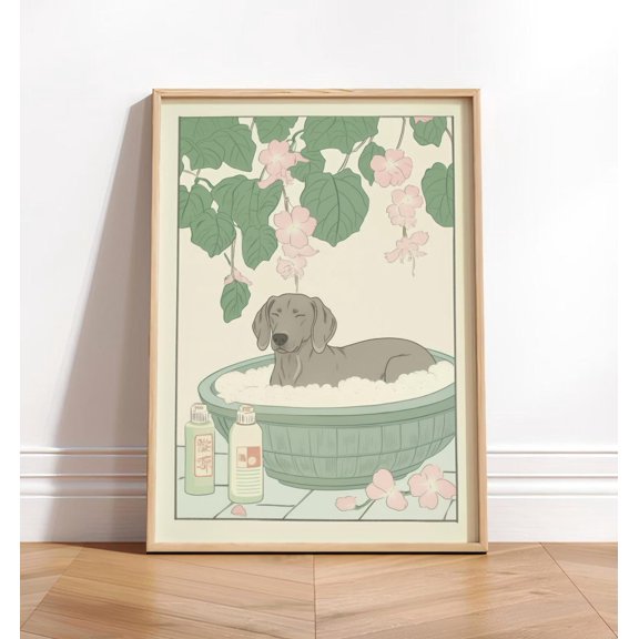 Japanese Weimaraner Bathroom in Beige Ukiyo Style Wall Art Unframed Paper Print