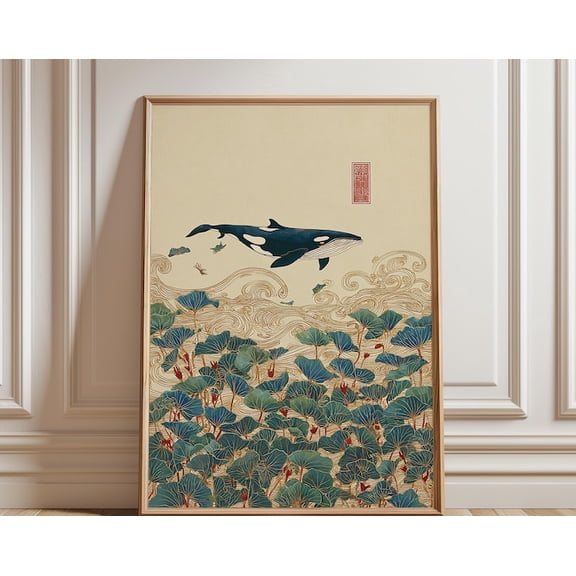 Japanese Whale Floral Ocean Wall Art Print, Unframed Paper Poster 8x10in