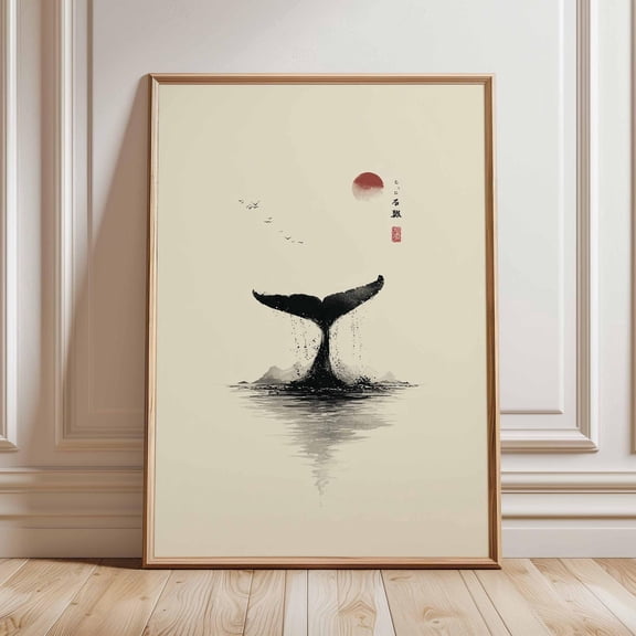Japanese Whale Poster, Minimalist Ink Art Print, Zen Ocean Wall Art, Modern Japandi Decor, Whale Tail Painting, Tranquil Sea Artwork, Retro Artwork, Premium Print, Unfreamed 8x136