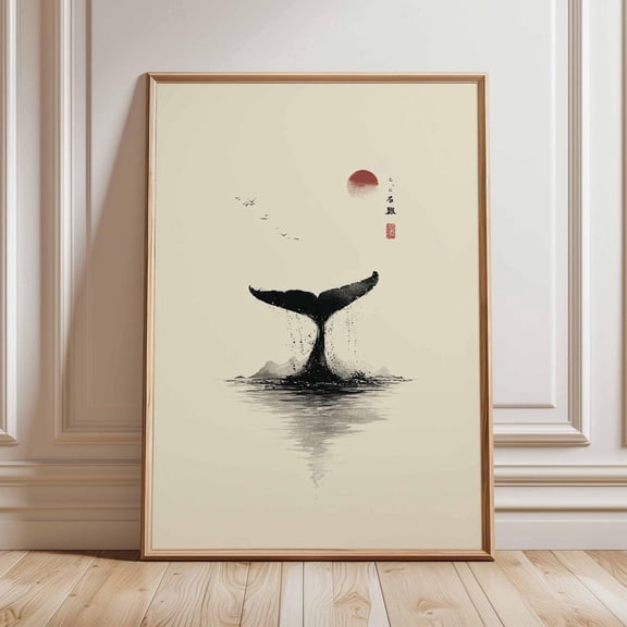 Japanese Whale Poster Minimalist Ink Art Print Zen Ocean Wall Art Modern Japandi Decor Whale Tail Painting Tranquil Sea Artwork