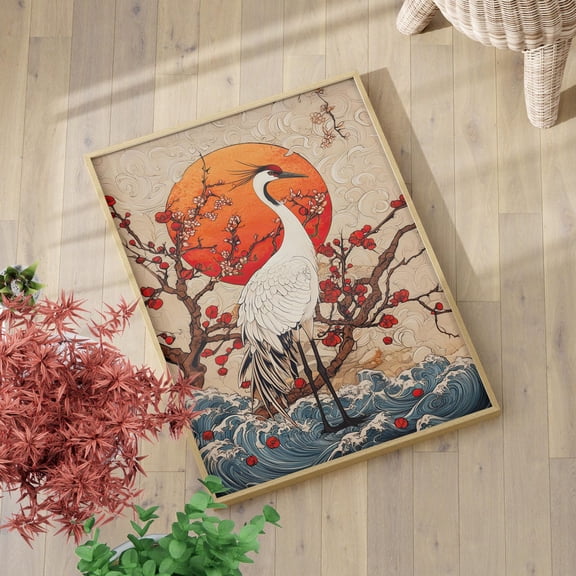 Japanese White Crane Red Plum Wall Art, Elegant Asian Nature Decor, Unframed Paper Print Size 8x12