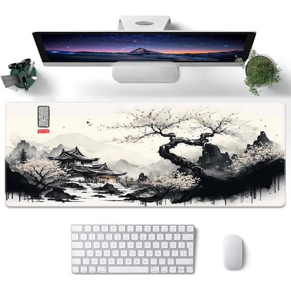 Japanese White Mouse Pad, Large Cherry Blossom Desk Mat, XL Anime Gaming Keyboard Mat, Non-Slip Rubber Base, Big Extended Desk Protector for Home Office, 31.5"x11.8" (River Snow)