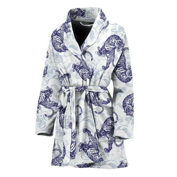 Japanese White Tiger Pattern Women Bathrobe One Size Univeral Fits, Tiger Wide Animal Fashion Lightweight Plush Fleece Long Robe For Women