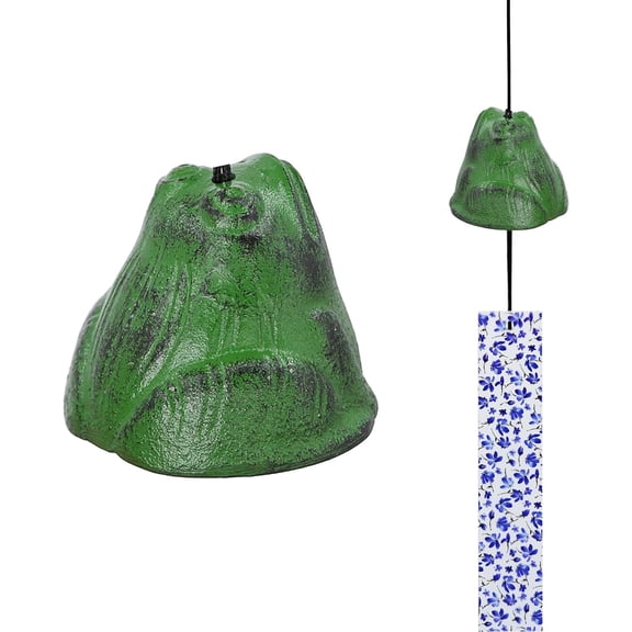 Japanese Wind Chime Cast-Iron Outdoor Ornament for Garden, Patio & Balcony, Hanging Metal Wind-Bell Decoration Gift, Blessing Pendant Windchimes & PVC Wind-Catcher, Green Frog