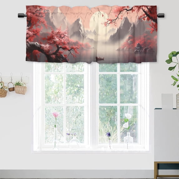 Japanese Window Curtain Valances Spring Red Cherry Blossom Sailboat Sun Seascape Privacy Decorative Rod Pocket Short Window Valance Curtains 54 by 18 in, 1 Panel