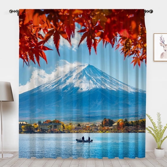 Japanese Window Curtains 3D style Maple leaf Mt.Fuji sky blue Modern Minimalistic Window Treatments Blackout Curtains Bedroom privacy Decor(Rod pocket)