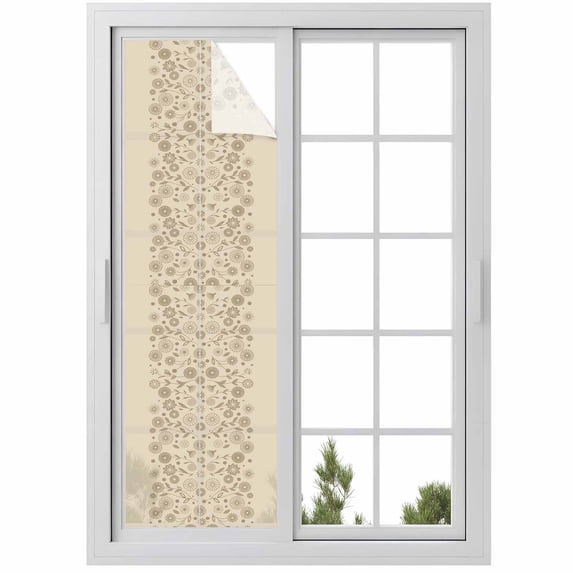 Japanese Window Privacy Film, Beige Farmhouse Retro Floral Leaf Pattern Static Cling UV Sun Blocking Heat Control Window Tint Day and Night, Non-Adhesive One Way Windows Privacy Cover 17.7''x78.7''