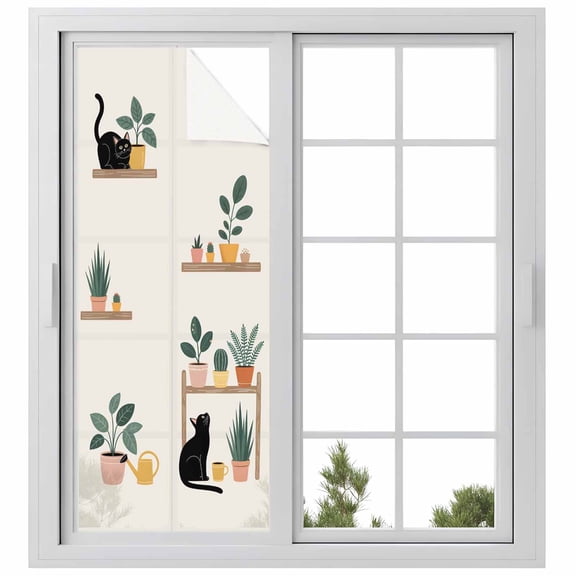 Japanese Window Privacy Film, Farmhouse Cartoon Cats Green Vegetation Plants Static Cling UV Sun Blocking Heat Control Window Tint Day and Night, Non-Adhesive One Way Privacy Cover 23.6''x59''