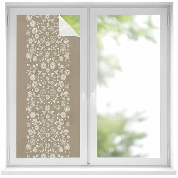 Japanese Window Privacy Film, Grey Simple Traditional Flowers Leaves Pattern Static Cling UV Sun Blocking Heat Control Window Tint Day and Night, Non-Adhesive One Way Privacy Cover 17.7''x39.3''
