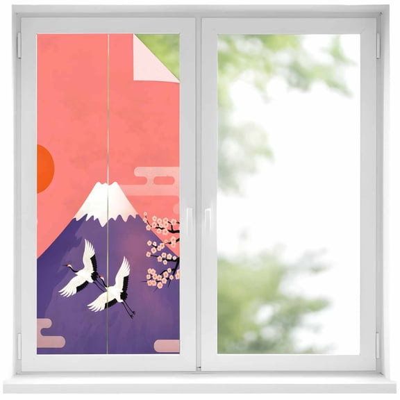 Japanese Window Privacy Film, Nature Mountain Sun Blossoms Cherry Scenery Static Cling UV Sun Blocking Heat Control Window Tint Day and Night, Non-Adhesive One Way Windows Privacy Cover 17.7''x39.3''