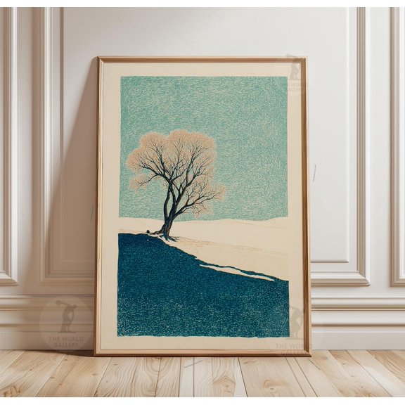 Japanese Winter Tree Art Print, Teal Landscape, Modern Zen Decor, Poster Only