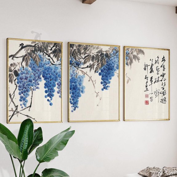 Japanese Wisteria Blue Ink Asian Botanical Minimal Wall Art Set 3 Unframed Paper Print 8x12