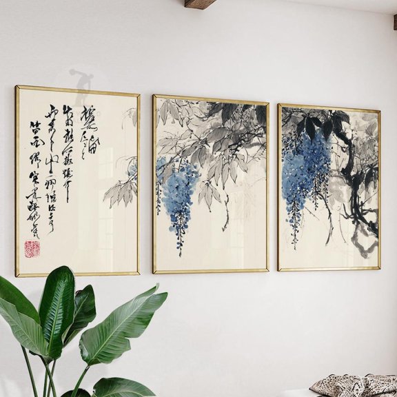 Japanese Wisteria Blue Ink Asian Botanical Minimal Wall Art Set 3 Unframed Paper Print 8x12