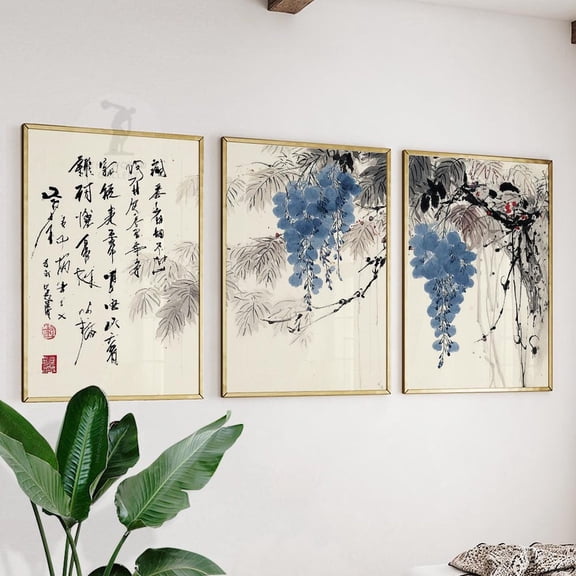 Japanese Wisteria Blue Ink Asian Botanical Minimal Wall Art Set 3 Unframed Paper Print 8x12