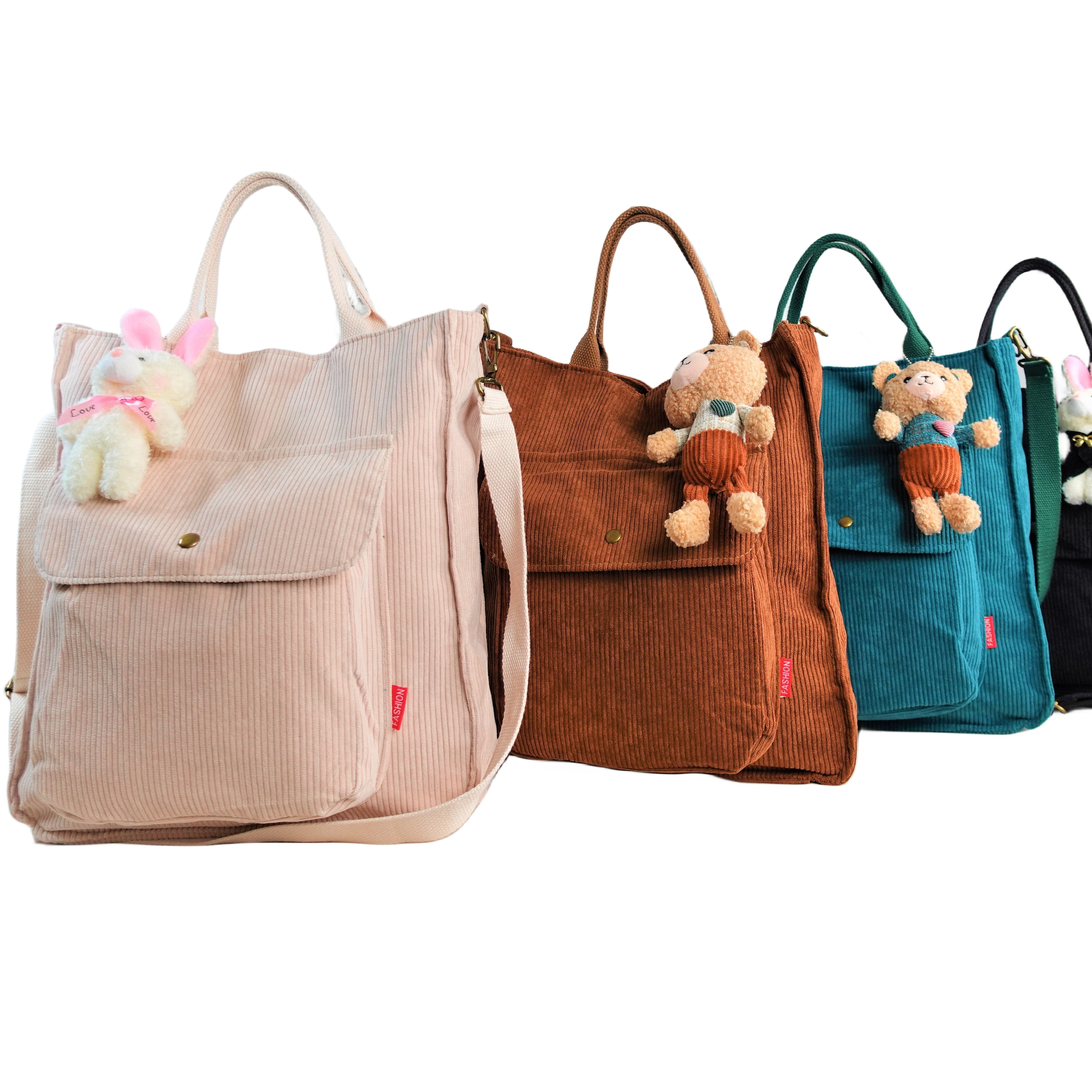 Japanese With Pockets and Zipper Corduroy Tote Bag, School Tote Bag