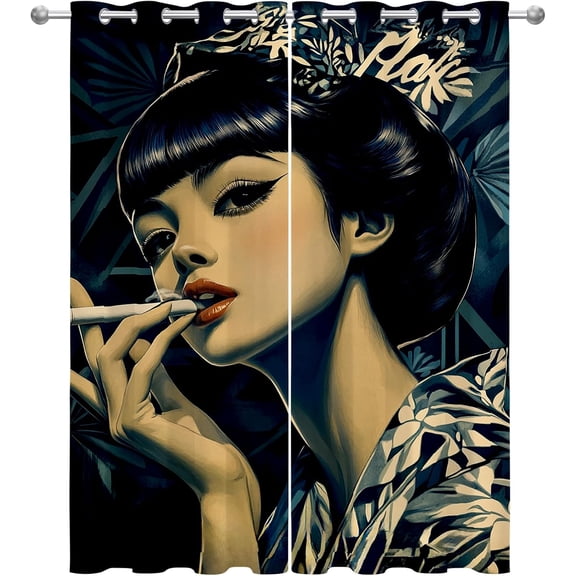 Japanese Woman Blackout Curtains, Kimono Asian Style Patterned Window Treatments for Bedroom Living Room Kitchen, Thermal Insulated Room Darkening Drapes 26"W x 45"L (2 Pack)