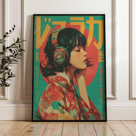 Japanese Woman In Kimono Wall Art Print, Retro Synthwave Home Decor