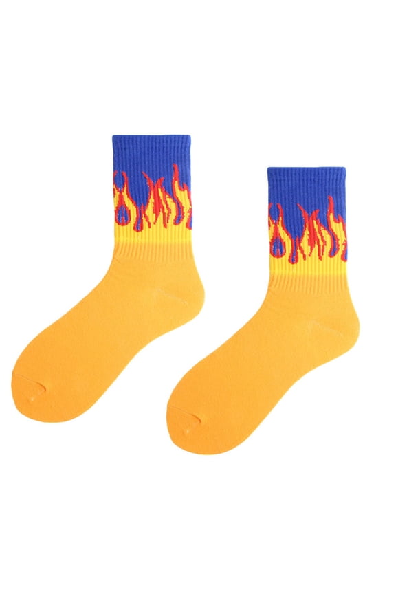 Japanese Women Men Flame Print Cotton Socks Hiphop Contrast Color Ribbed Sports Street Skateboard Middle Tube Hosiery