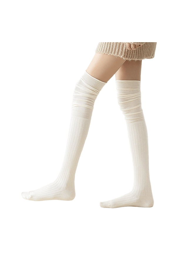 Japanese Women Thigh High Socks Slouch Top Solid Ribbed Knitted Long Stockings
