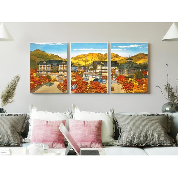 Japanese Woodblock Autumn Architecture Triptych Historic Hotel Landscape Red And Gold Fall Foliage Zen Inspired Wall Art Poster, Set 3, Poster Only