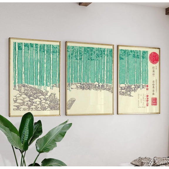 Japanese Woodblock Forest Green Bamboo Landscape Triptych Set 3 Unframed Paper Print 12x18