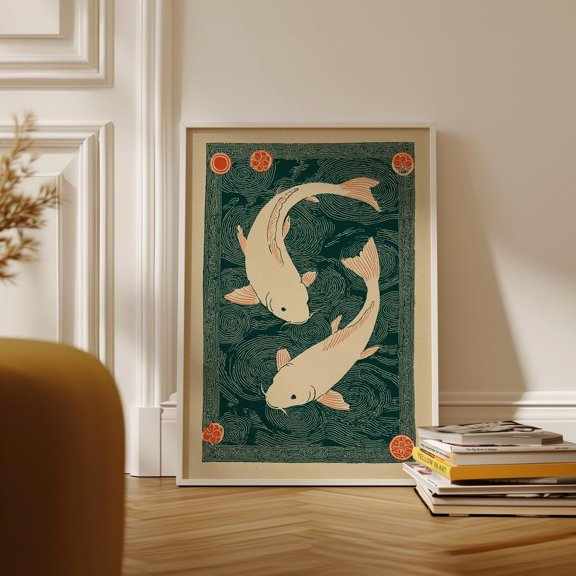 Japanese Woodblock Koi Fish Lino Style Green Cream Nature Wall Decor, Unframed Paper Poster 8x10in