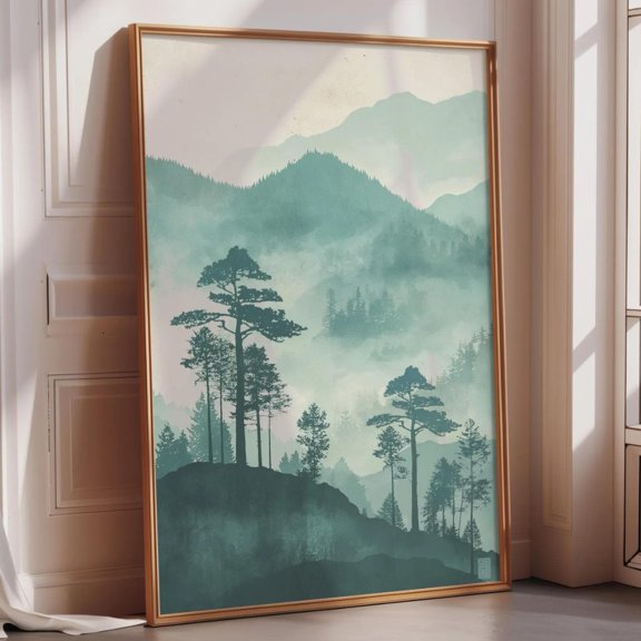 Japanese Woodblock Landscape Zen Mountain Sage Green Nature Japandi Poster , Poster Print Only