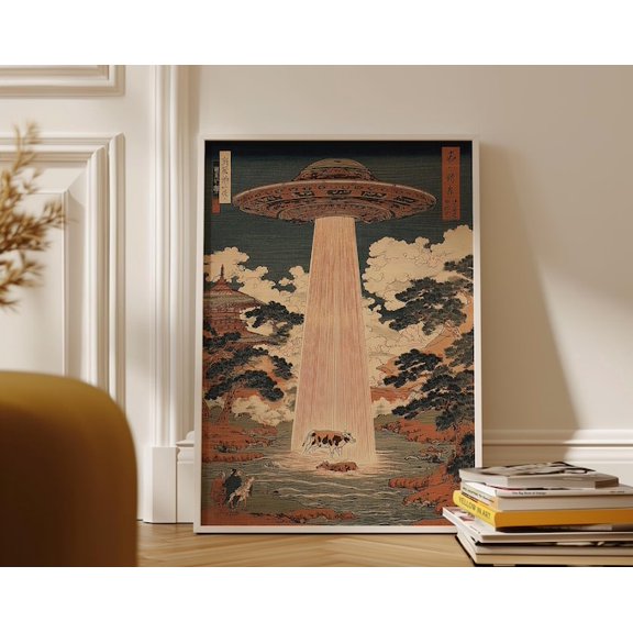 Japanese Woodblock UFO Landscape Wall Art Print, Unframed Paper Poster 8x10in
