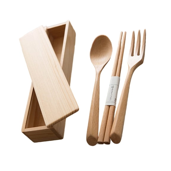 Japanese Wooden Dining Set 3 Piece Chopsticks Fork Spoon Durable Natural Materials Compact For Travel Camping Office