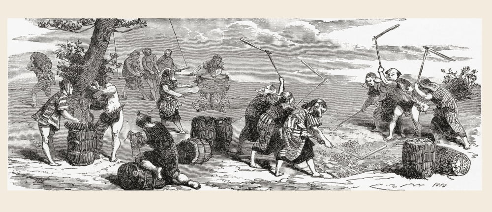 Japanese Workers Using Scythes To Harvest Rice In Japan In The 19Th Century From El Mundo En La Mano Published 1875 Canvas Art - Ken Welsh Design Pics (22 x 9)