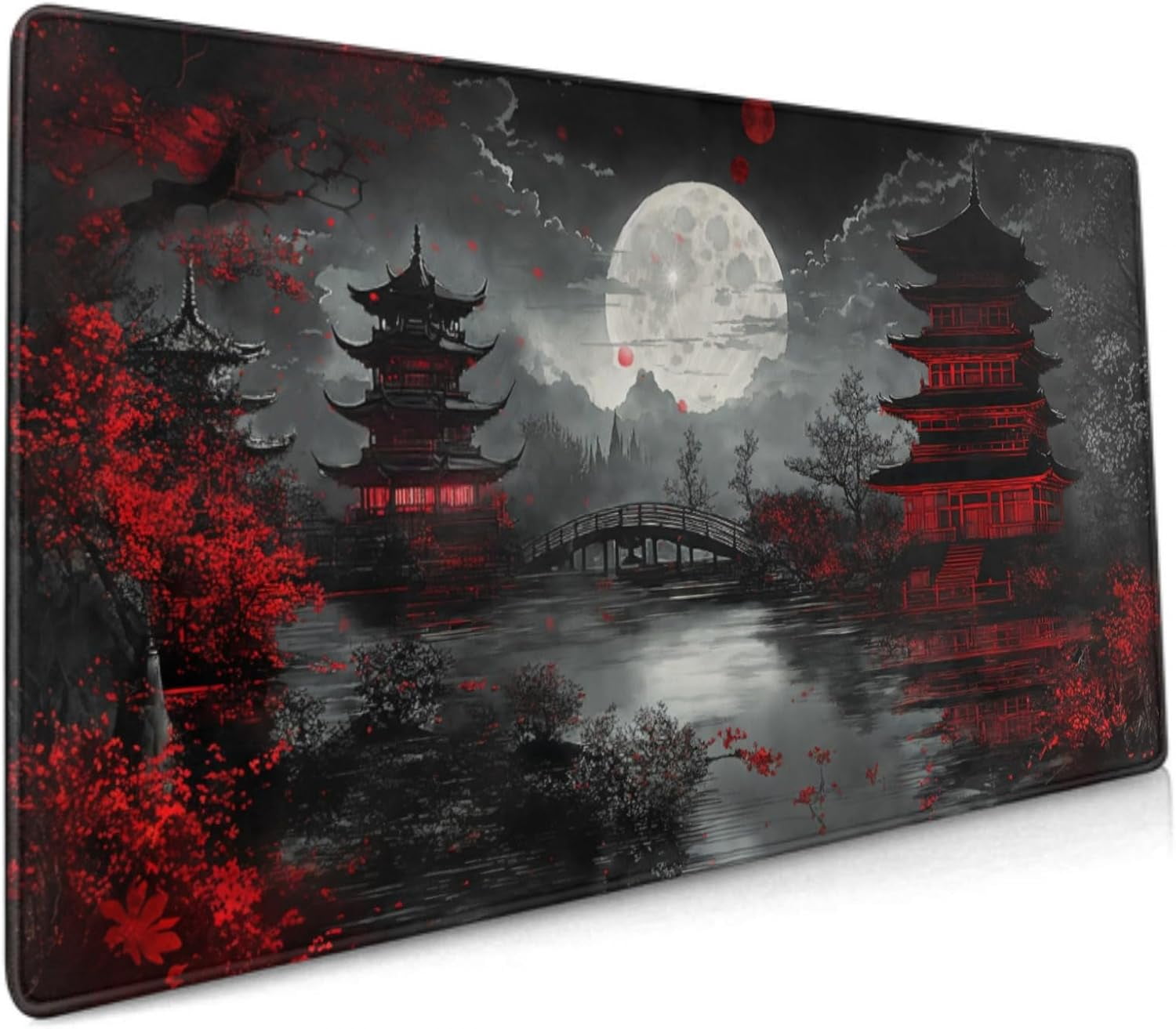 Japanese XXL Gaming Mouse Pad - 35.4x15.7 Inch Black Red Design, Extended Large Keyboard Full Desk Mat, Non-Slip Rubber Base, Stitched Edges, Perfect for Home Office