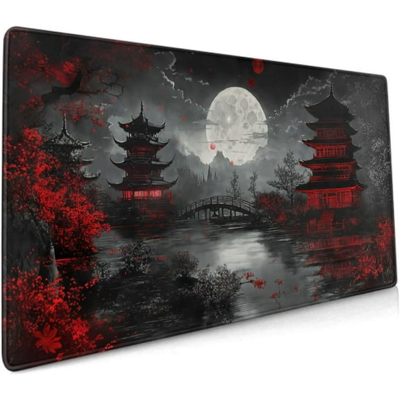 Japanese XXL Gaming Mouse Pad - 35.4x15.7 Inch Black Red Design, Extended Large Keyboard Full Desk Mat, Non-Slip Rubber Base, Stitched Edges, Perfect for Home Office