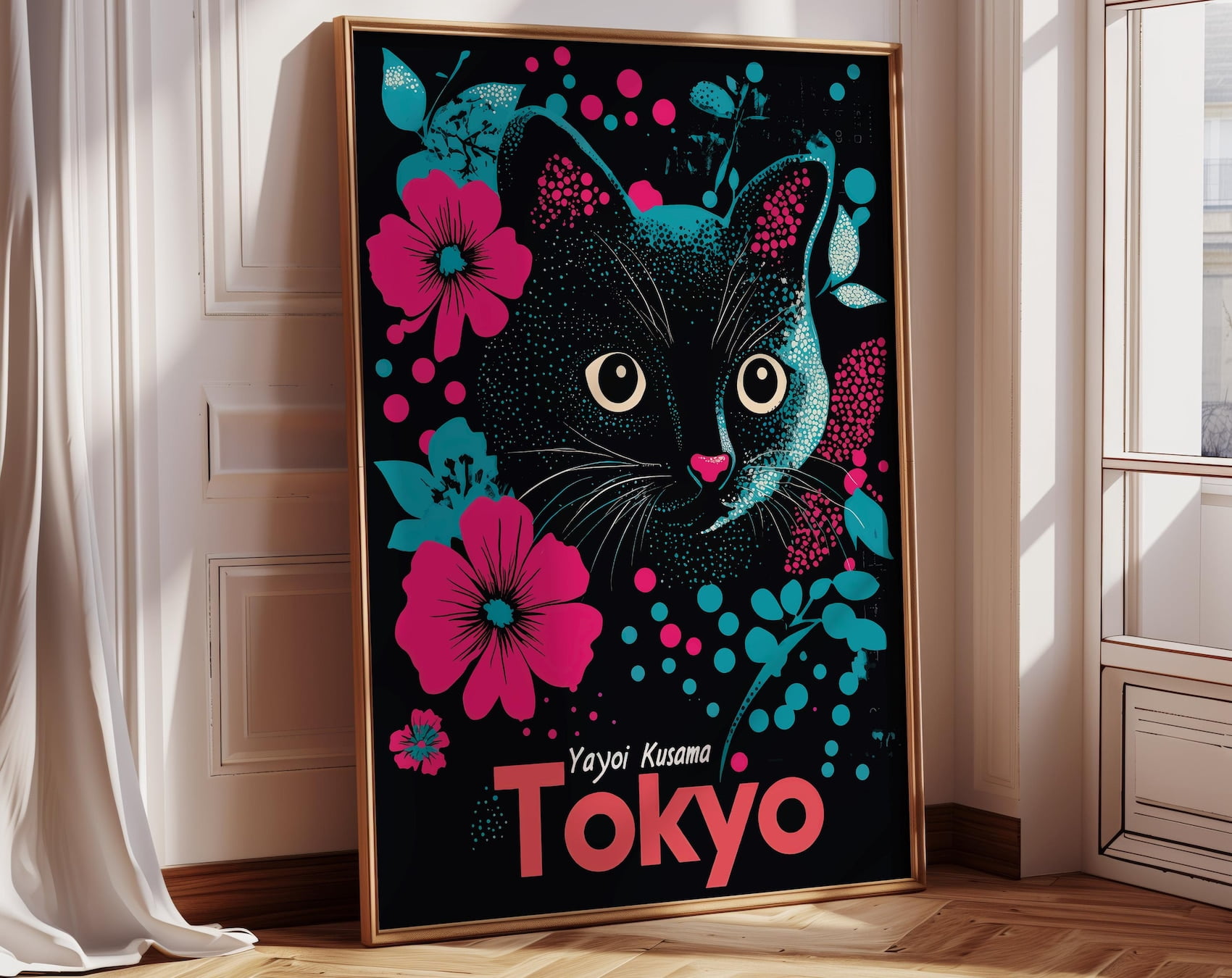 Japanese Yayoi Kusama Wall Art Cat Poster Black Cat Vibrant Japanese ...